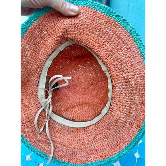 VINTAGE FLORA BELLA 100% RAFFIA ADJUSTABLE STRAW HAT CORAL TURQUOISE - Picture 5 of 6
